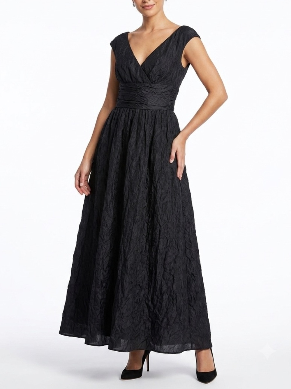 NWT PAROSH Crinkled Silk Blend V Neck Maxi Dress Black Sz S
